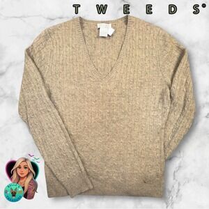 TWEEDS Jumper Women's Medium 100% 2 PLY Cashmere Cable Knit V Neck Sweater Beige
